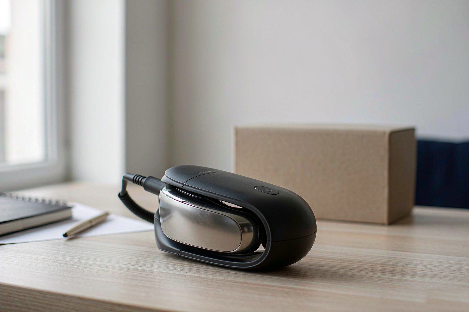 Eye massager supplier checklist - device, notebook and shipping carton on a desk