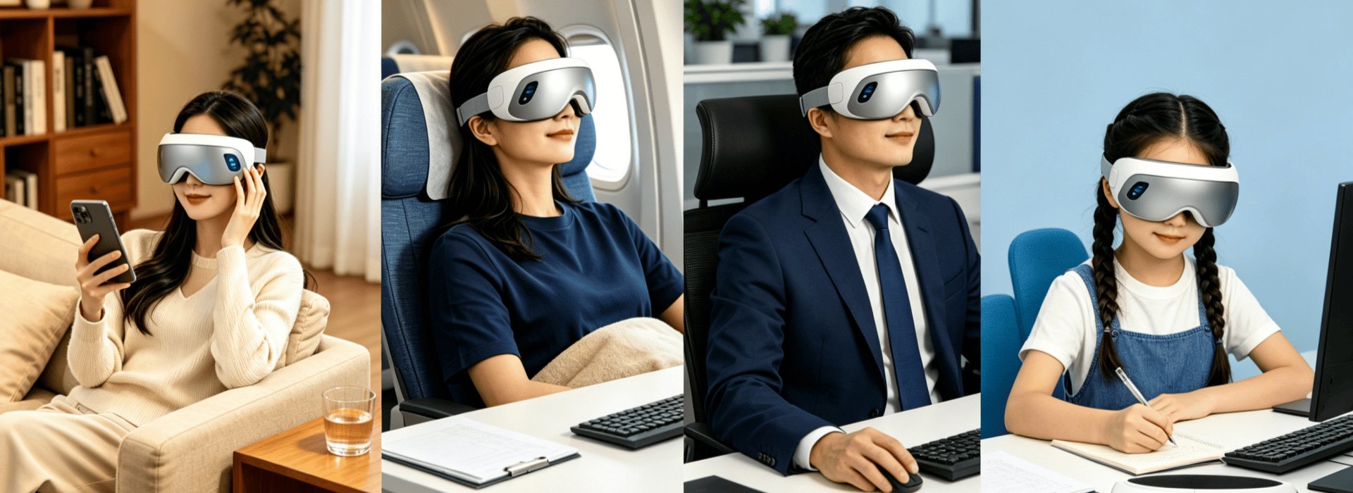 Smart eye massager used at home, on flights, at the office and by students