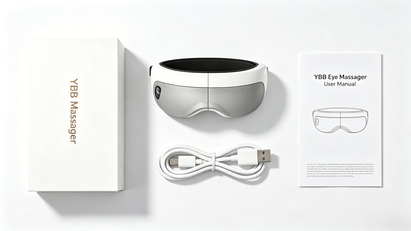 YBB-6 retail box, eye massager, USB Type-C cable and user manual